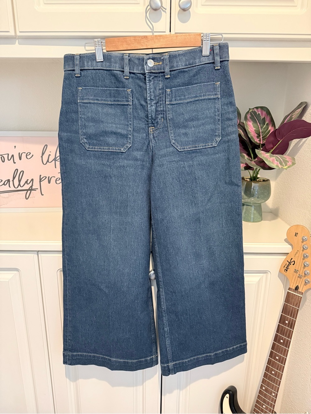 SPANX Cropped Wide Leg Petite Jeans in Blue Denim
